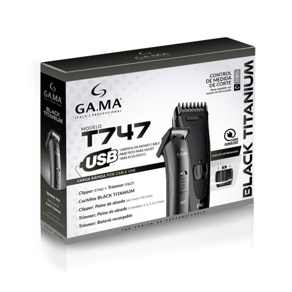 Набір для стрижки волосся та бороди Ga.Ma Black Titanium T747 (Т742+T827) GM4512, машинка і тример, система філірування