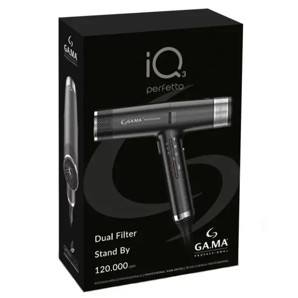 Фен для волос с диффузором Ga.Ma IQ3 Perfetto Black PH6080.BK, 1600 Вт, 110000 об/мин, 294 г, 74 м³/ч, черный